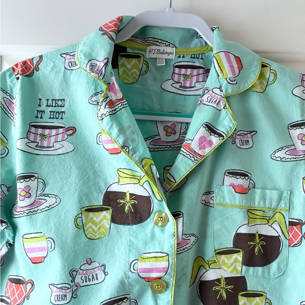 P.J. Salvage Cotton Pajama Set Short Sleeve Morning Breakfast Coffee Teal Size L - Picture 4 of 15